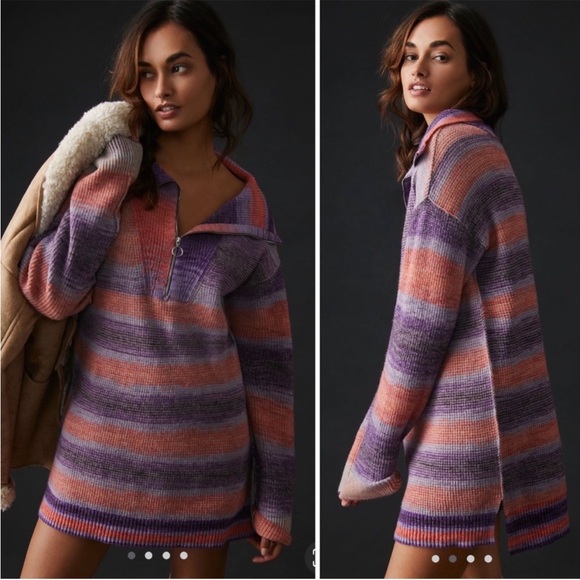 Anthropologie Daily Practice Franconia Half Zip Striped Sweater Tunic Oversized - Picture 4 of 8